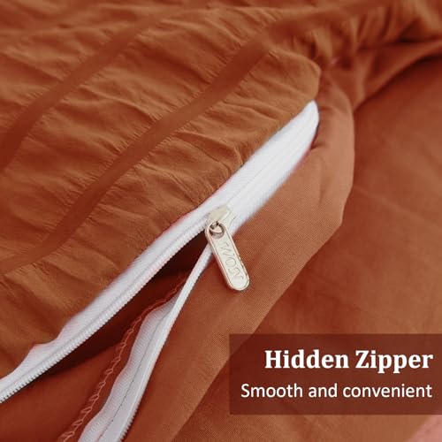 Terracotta Seersucker Bedding Set Burnt Orange Puckering Fall Duvet Cover Soft Microfibre Duvet Cover Set with 2 Pillowcases King Size 220×230cm