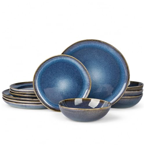 Image of AmorArc Ceramic Dinnerware Sets for 4, 12Pcs Plates and Bowls Sets Dishes | Stoneware Handmade Reactive Glaze Dinner Set, Highly Scratch Resistant | Dishwasher & Microwave Safe Dishware