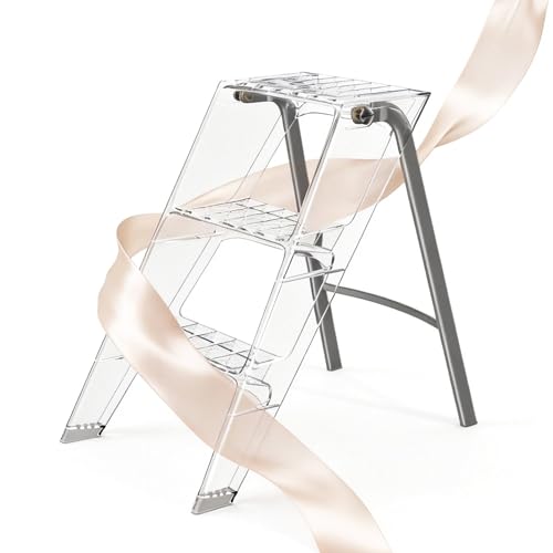 Acrylic Step Ladder 3 Step Folding Acrylic Transparent Step Stool for Adults No Assembly Acrylic Ladder Stool Anti-Slip 350lb Lucite Ladder for Library Flower Display Photography Props