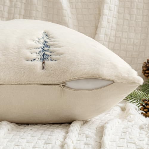Image of MIULEE Christmas Decorative Faux Fur Pillow Covers 18x18 Inch Beige Blue | Set of 2, Embroidered Christmas Tree Throw Pillows, Winter Couch Covers, Festive Home Decor for Sofa Bedroom Living Room