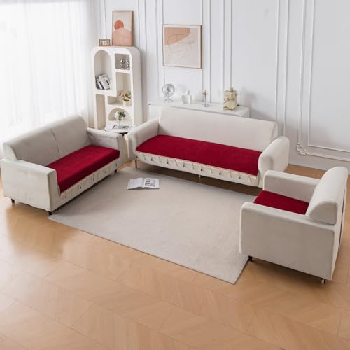 HOKIPO 'Serenity Tassel' Chenille Sofa Cover 6 Seater Set with Tassels – Washable 3+2+1 Sofa Cover Mat | Crimson Ruby (IN-890 + IN-891 + IN-892 - MRN)