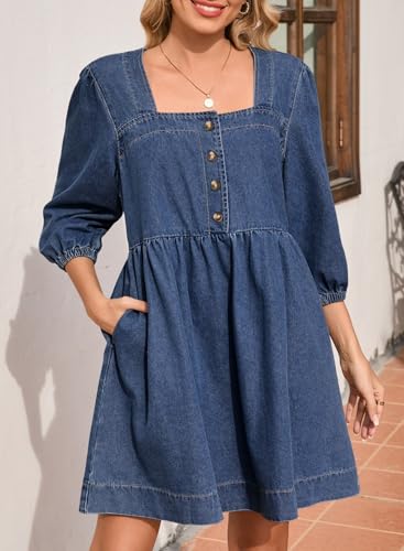 Sidefeel Women's Spring Outfit Denim Dress 3/4 Sleeve Loose Fit Square Neck Summer Jean Dresses with Pockets4