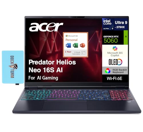 Image of acer Predator Helios Neo 16S AI AI Gaming Laptop 16.0 inch WQXGA (Intel Ultra 9-275HX, GeForce RTX 5060 8GB, 16GB DDR5, 2TB PCIe SSD, Win 11 Home) w /MS 365 Personal, DKZ USB Port Expander