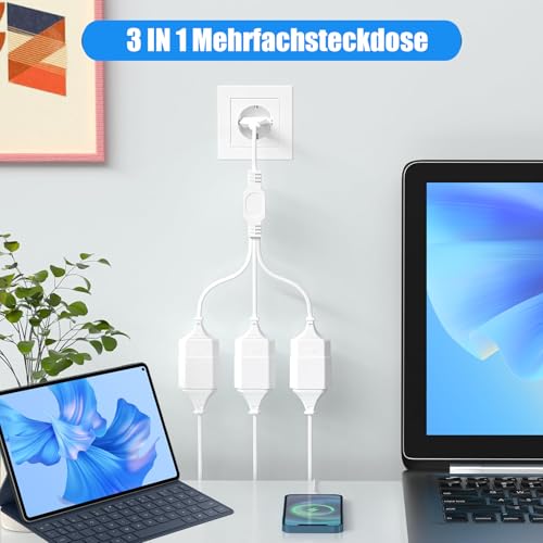 EU Verlängerungsstecker Verlängerungskabel Eurostecker, 3 in 1 Steckdosenadapter mit Flexible Kable, Euro Flaches Stromkabel Verlängerung, 2M EU Flachstecker Verteiler 250V Weiß