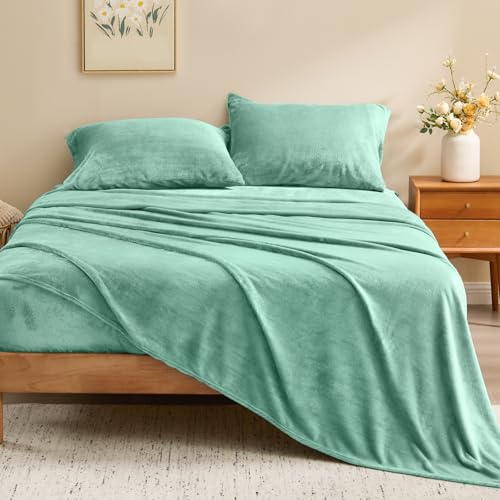 Image of BEDELITE Flannel Sheets Queen Size Haze Blue - Super Soft Fleece Sheets Set Fluffy Extra Plush, 4 Piece(Include Fitted Sheet, Flat Sheet, 2 Pillowcases)