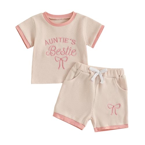 Lamuusaa Toddler Baby Girl Summer Clothes Aunties Bestie Letter Embroidery T-shirt Waffle Casual Shorts Set 3M-3T (Pink, 12-18 Months)