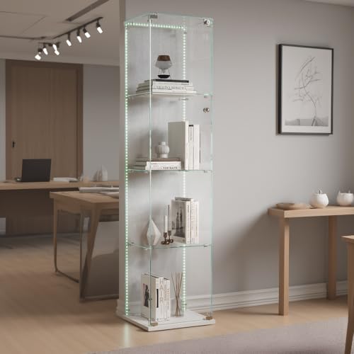 TIMORWTF vitrina de cristal con banda luminosa LED, armadura moderna, 4 estantes y puerta, vitrina para colección, dormitorio, salón y comedor, 163 x 40 x 35 cm, color blanco