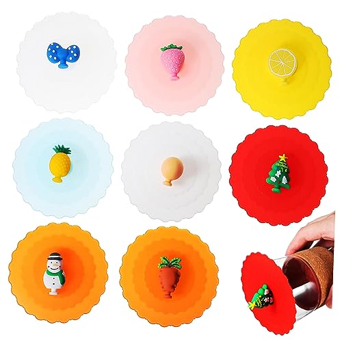 VICASKY 8pcs Silicone Cup Lids Reusable -grade Covers Cute Fruit Shapes for Mugs and Cups Drinks and Maintain Temperature for Family Use