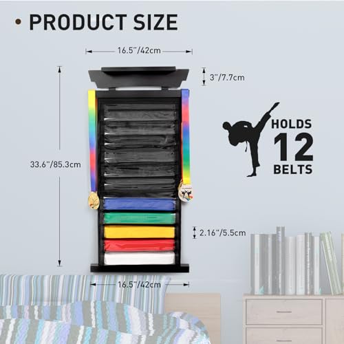 image for Tilhumt 12 Belts Karate Belt Display Rack with Sticker, Felt Martial A