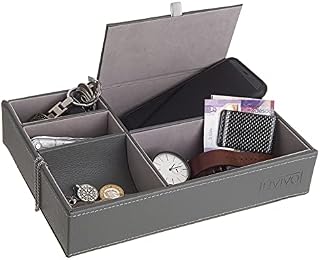 Fineway. 5 Compartment Leather Valet Tray Mens Dresser Wallet Cards Office Jewellery Storage Organiser Box  Mobile Phones Watches Coins Keys (Light Grey)