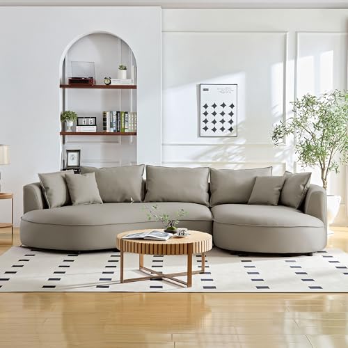 Image of KEIKI 129 inch Curved Oversized Modular Bonded Leather Sectional Sofa with Right Chaise, 4 Pillows, 3 Back Cushion, Modern Style Comfy 5-Seater Couch, Easy Assembly, for Apartment, Living Room, Light Grey