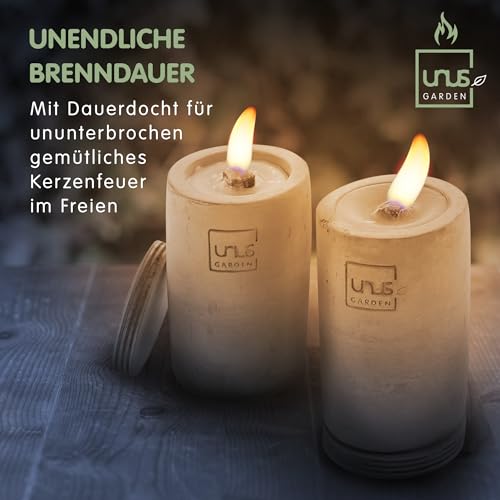 UNUS Beton- Feuer Outdoor, Set mit 2x lange Zylinder Beton Kerze, 100g Nachfüllwachs, Löschbretter und Löffel zum Nachfüllen, Tischkamin mit Dauerdocht, Tischfeuer Recycling Kerzenwachs-2