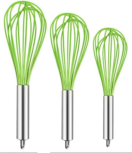 Silicone Whisk,Non Stick Kitchen Whisks for Cooking,Stainless Steel Metal Wire Silicone Rubber Coated Wisk,Heat Resistant & Non Scratch,Perfect for Eggs,Bread Wisking Tool Set of 3,Green