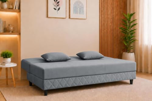 Image of Deco Studio 3 Seater Sofa Bed | Premium Upholstered Velvet Fabric Folding Couch for Living Room, Guest Room & Bedroom | Quilted Backrest with 2 Cushions (Grey)