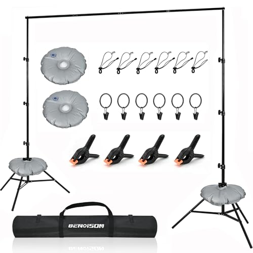 BENOISON Soporte de Fondo - 2,6x3m Ajustable Profesional con 10 Clips & 2 Bolsas de Agua para Fotográfico, Retrato, Grabación de Video, Boda (Negro)