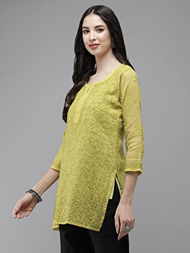 Image of Ada Women's Cotton Blend Regular Fit Tunic Hand Embroidered Lucknowi Chikankari Kota Western Top Kurti With Slip A911184