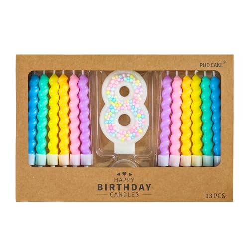 PHD CAKE Number 8 Birthday Candle Macaron Glitter Number Candle with Rainbow Spiral Candles in Holders for Cake Topper Pastel Sweet Theme Party Decoration