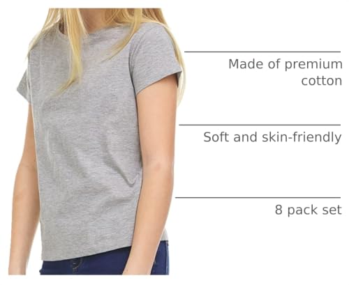 Image of Pink Angel Girls' 8-Pack Cotton T-Shirts - Crew Neck Short Sleeve Tees, Solid Color Multipack, Sizes 4-16