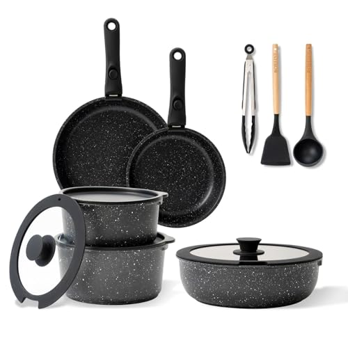 BOREINE Batterie de Cuisine 14 Pce, Lot Casserole et Poele, Set avec Poignee Amovible et Couvercle, Revêtement Antiadhésif en Granit sans PFOA, Compatible...