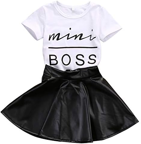Afunbaby Toddler Baby Little Girls Fashion Clothes Mini Boss Shirt Tops&Leather Skirt 2Pcs Clothing Outfits Set (2-3T,Mini Boss Leather Sk)
