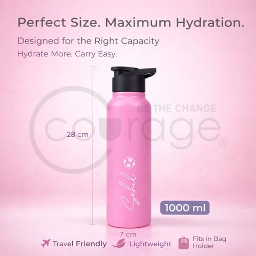 Image of COURAGE Stainless Steel Customize Sipper Water Bottle 1Liter Leak Proof for Fridge Home Office Travel School Kids Boys Girls Adults Sports Gym Yoga - Light Pink