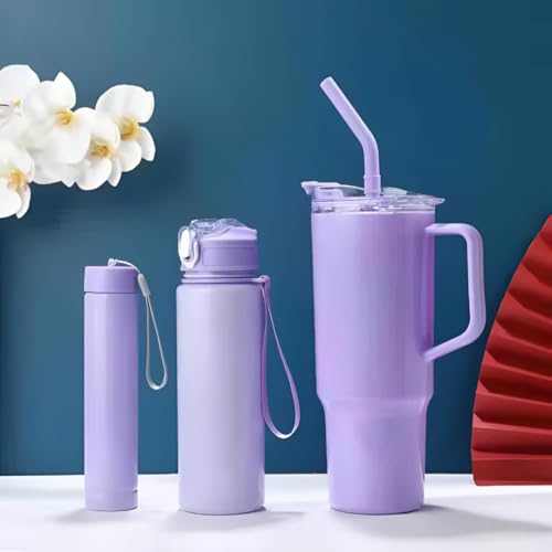 Image of Large Handle Water Bottle with Straw for Desk, Office, Travel - 1200 /900 /300 ML Gradient & Matte Hydration Bottle Set (Lavender)