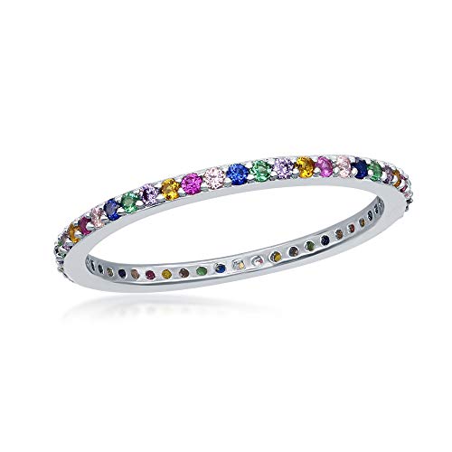 Sterling Silver 2mm Rainbow CZ Eternity Band Ring (Size 6)