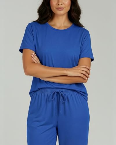 Image of Real Essentials 2 Pack: Womens Pajamas Short Sleeve Sleepwear Tops and Capri Pants Pjs Print Pajama Sets (Available In Plus)