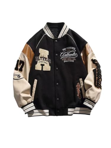 Oanviso Herren Vintage College Jacke für Jungen Bomberjacke Baseball Jacke Patchwork Übergangsjacke Oversized Druck Mantel mit Knöpfen Mode Sweatjacke für Herbst A Schwarz L Oanviso Herren Vintage College Jacke für Jungen Bomberjacke Baseball Jacke Patchwork Übergangsjacke Oversized Druck Mantel mit Knöpfen Mode Sweatjacke für Herbst A Schwarz L
