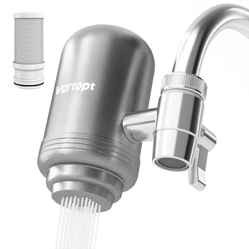 Vortopt Filtro de Agua para Grifo de Acero Inoxidable - Purificador de Agua para Grifo - Filtro Agua Grifo para Cocina, Bañera, Reduce el Plomo, el Cloro y el Mal Sabor, T2 (1 Filtro)