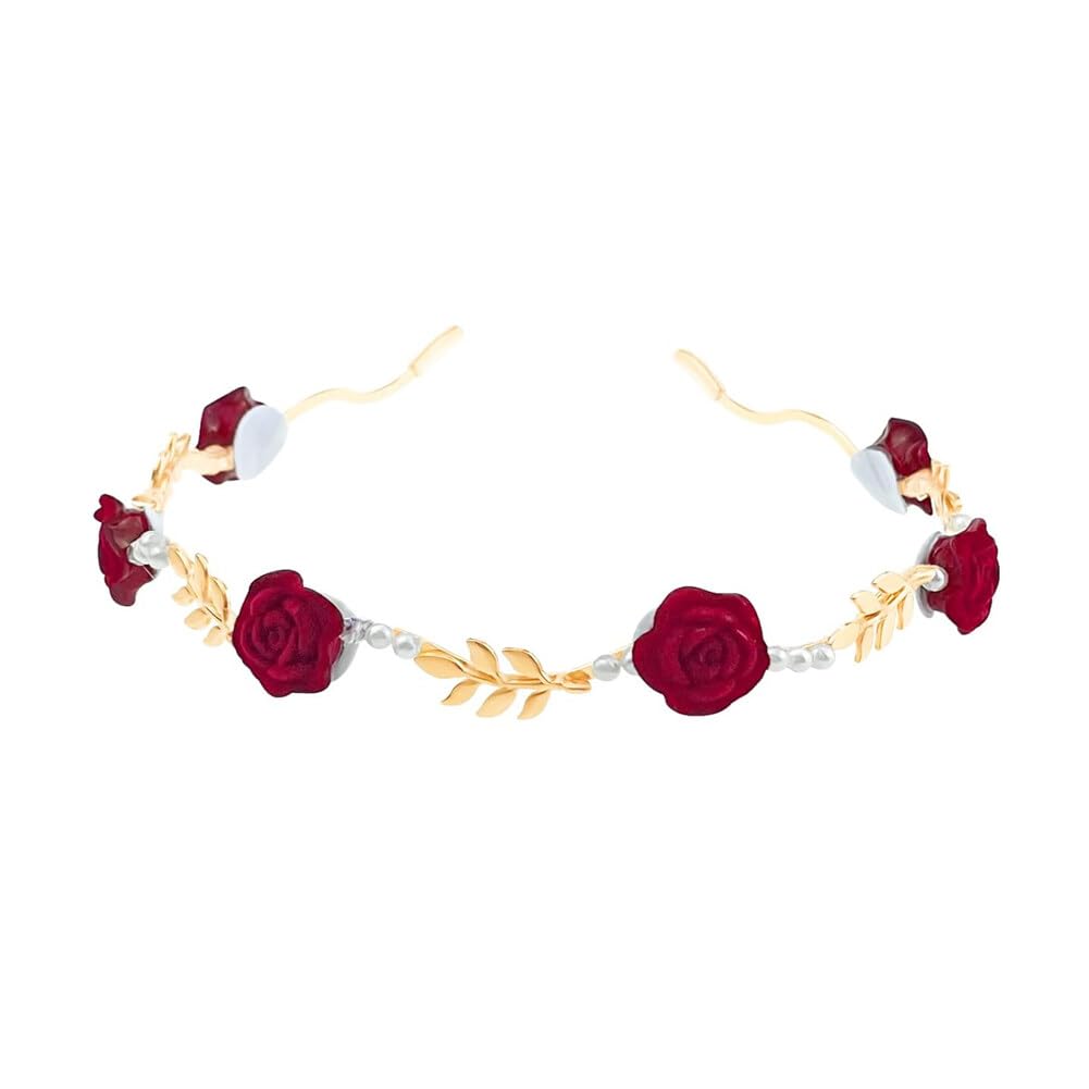 Red Rose Pearl Headband Princess Flower Crown Hair Accessories Gold Leaf with Floral Hairband Wedding Headpiece Hair Jewelry for Women Ladies Hairdress