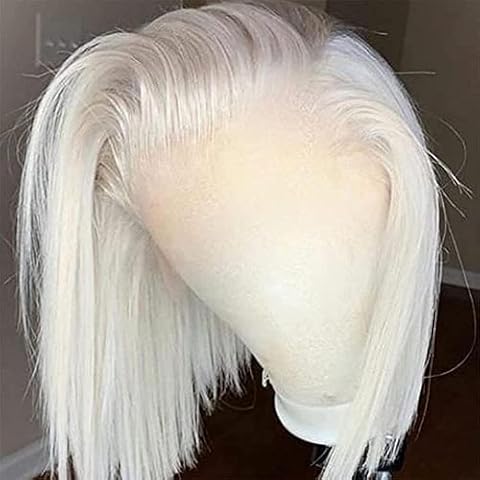 FENJUN Glueless Wigs HD Transparent Lace Frontal #60 Grey White Platinum Blonde Wigs Human Hair Short Bob Lace Front Wigs with Baby Hair Pre plucked Frontal 10'' Straight Ash Blonde Wigs for Women Cover
