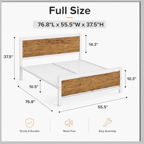 Image of Catrimown Full Size Bed Frame with Headboard, Full Metal Platform Bed Frame with Steel Slat Support, 10.5 in Under Bed Storage, No Box Spring Needed, Easy Assembly, White Brown