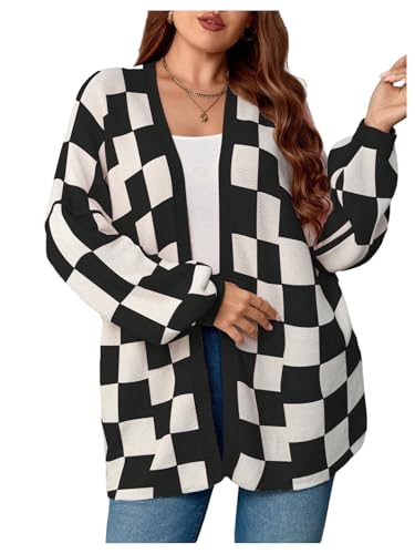 WDIRARA Women's Plus Size Plaid Checkered Cardigan Sweater Open Front Long Sleeve Knit Outerwear