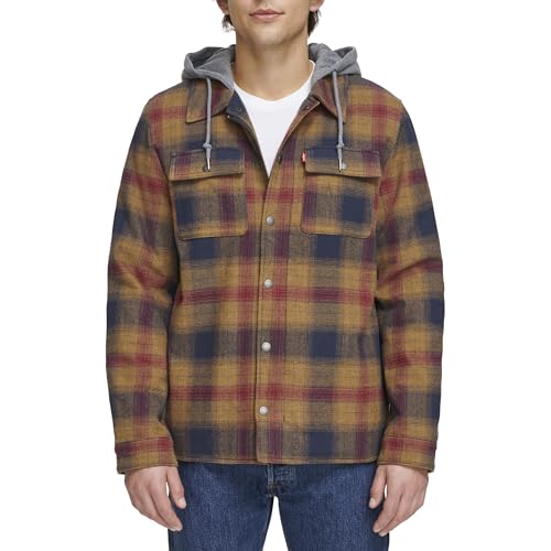 Levi's Men's Plaid Sherpa Lined Hooded Shirt Jacket (Regular & Big & Tall Sizes), Red Gold Ombre Plaid, 2X