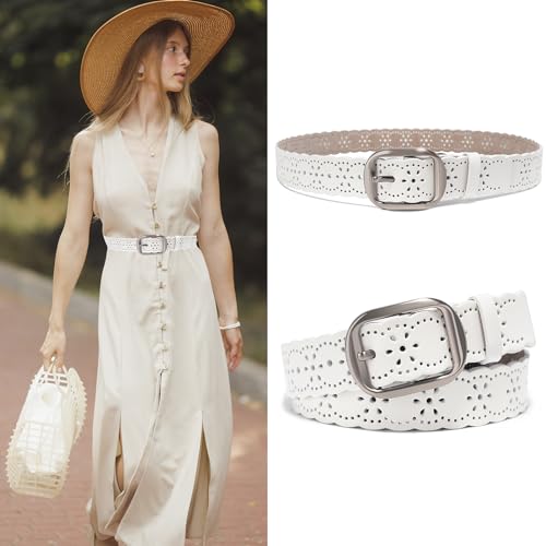 Women's Genuine Leather Hollowed Out Belt,Vintage Wave Decoration Wide Belt For Jeans Dress Pants, length 115cm, width 1.49''2