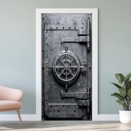 Sticker Porte 3D Coffre Fort Chambre Forte 83x204 cm Porte Blindé Métal Autocollants Porte Mural Trompe L'oeil Effect Auto-adhésif Vinyle Style Industriel...