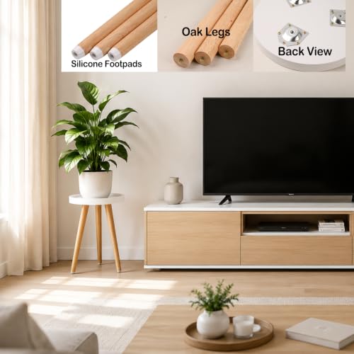 Image of KGPLOME 2 Pack White Plant Stands Indoor with Raised Design and Wood Leg | 12x17'' Raised Design Round Small Side End Table,Mid CenturyTall Holder for Flower Pots with Silicone Footpads