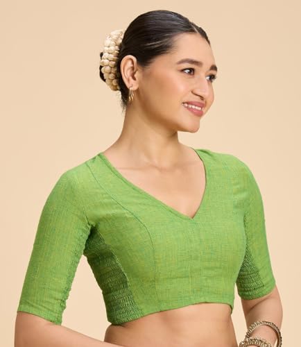 Image of Studio Shringaar Women's Thick Handloom Cotton Plain Side Stretch (Smocked) Readymade Saree Blouse