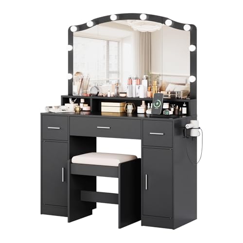 Garvee Vanity Desk with LED Lights and Storage, 10 Adjustable LED Mirror, 3 Drawers, 2 Cabinets, Charging Station AC/USB, Includes Stool, Dressing Table for Women/Girls Bedroom, Black