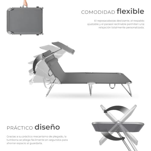 Miniatura 5 de Tectake Set De 2 Tumbonas 190x68x111 Cm, Plegable, Ajustable En 4 Posiciones, Resistente A Intemperie, Transpirable, Con Toldo, Reposacabezas Y Asa De Transporte, Para Jardín Y Piscina - Gris