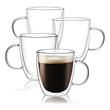 CNGLASS Large Glass Coffee Mugs 17oz,Double Walled Insulated Clear Coffee Cups with Handle,Clear Espresso Mugs for Cappuccino,Latte,Tea Bags,Hot and Cold Beverages,Set of 4