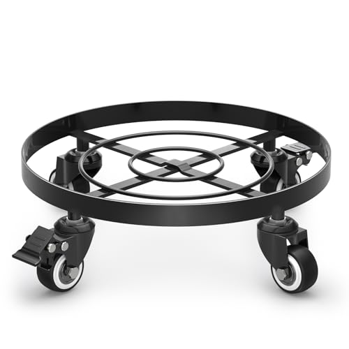 WELDUN Metal Plant Stand with Wheels, Heavy Duty Garden Planter Stand Ø32cm, Mobile Potting Trolley, Plant Caddy, Suitable for Outdoor Patios, Decks and Indoors Black