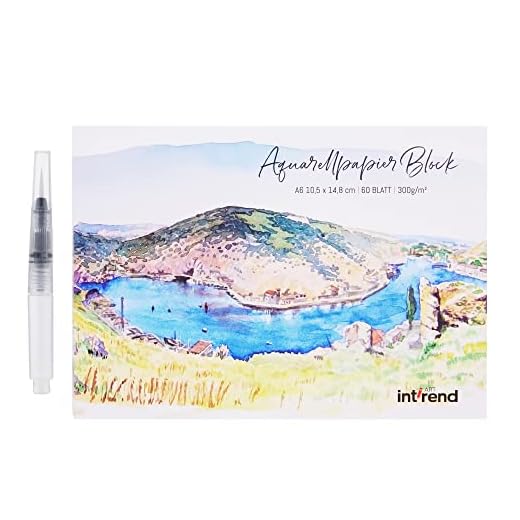 Int!rend Bloc Papel Acuarela DIN A6 300gr - 60 Papeles Blancos para Acuarelas + Pincel con Tanque de Agua y Lápiz - Block de Tarjetas Postales Watercolor de Alta Calidad