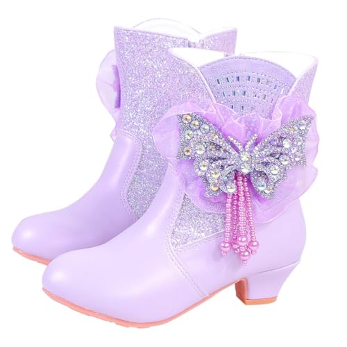 Girls Winter Low Heel Warm Fur Ankle Boots Glitter Sequin Crystal Rhinestone Princess Booties with Side Zipper