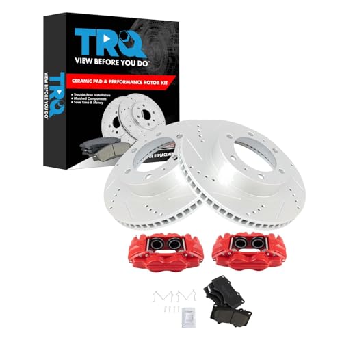 TRQ Front Performance Brake Pad & Rotor Kit Brake Caliper Brake Pads Brake Rotors Set Ceramic Premium G-Coated Red Compatible with 2003-2009 Toyota 4Runner 2007-2014 FJ Cruiser 2005-2020 Tacoma