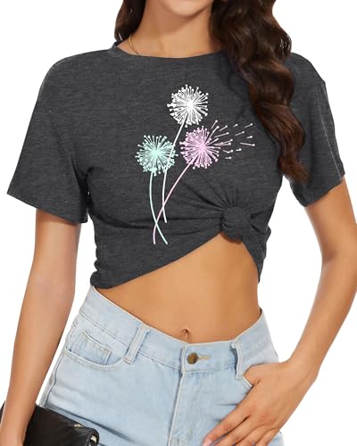 Image of Womens Summer Crop Tops Short Sleeve Round Neck T-Shirts Loose Fit Casual Blouse 2026