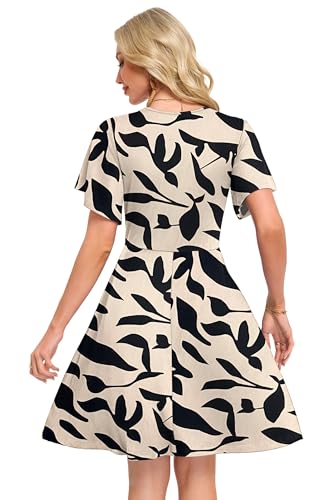 AUSELILY Damen Kleid Sommer Strandkleid Rüschenärmeln V-Ausschnitt Elastischer Taille und Taschen Swing Urlaubskleid Aprikose Schwarz Blatt XXL 4