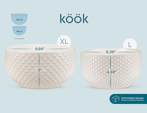 KooK Ceramic Mixing Bowls, Nesting Set of 4, Embossed Kitchen Dishware, Prep, Serving, Gift, Microwave and Dishwasher Safe, 20/44/98/145 oz, Narbonne Collection (Ivory) - Image 3