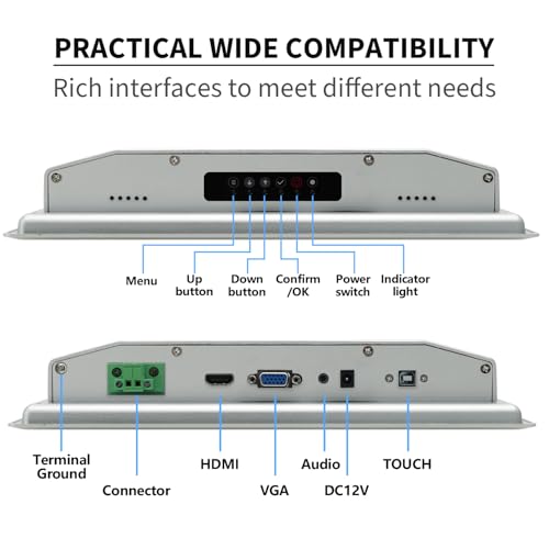 Image of 10.1 inch Industrial Embedded Touchscreen Monitor, Capacitive Multi-Touch Screen Industrial Front IP65 Monitor Built-in Speakers, HD-MI in, USB, VGA, 16:9 1280x800 Display